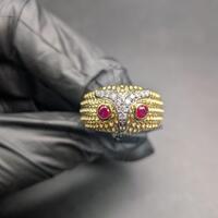 Ruby and Moissanite Owl Head Statement Yellow Gold Plated Gothic Ring Unique Fashion Jewelry