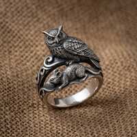 Owl and Mouse Ring Silver Animal Wrap Band Gothic Nature Jewelry