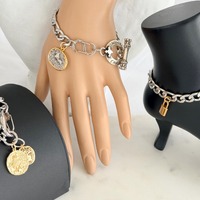 Stainless Steel Chunky Bracelet Set, Roman & Owl Coins, Mixed Metal Design, Toggle and Clip Clos