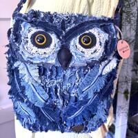 Handmade Denim Owl Crossbody Bag, Recycled Jeans, Chenille Technique, Adjustable Strap