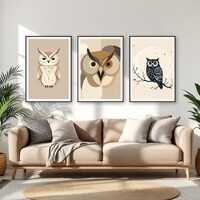 Set of 3 Minimalist Owl Prints, Boho Wall Art, Taupe Cream Abstract