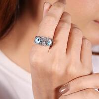 925 Sterling Silver Owl Ring, Adjustable Blue Eye Ring, Oxidized Animal Statement Ring, Gothic Bird 