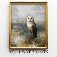 Moody Barn Owl in Rustic Landscape - Vintage Minimalist Wildlife Art, Cottagecore Bird Decor, Neutra