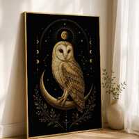 Barn Owl Wall Art, Gold Owl Crescent Moon Print, Black and Gold Celestial Decor, Mystical Owl Printa
