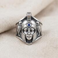Owl Signet Ring Silver Shield Design Blue Eye Accent Band