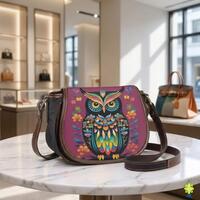 Colorful Owl Crossbody Bag, Floral Saddle Purse in PU Leather Canvas