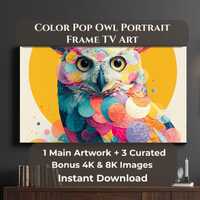 Color Pop Owl Portrait Frame TV Art 4K 8K, Colorful Bird Lover Digital Download, 1 Main + 3 Bonus JP