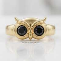 Gold Owl Ring with Black Diamond Eyes, Whimsical Animal Jewellery, Unique Statement Ring for Women, 