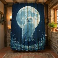 Snowy Owl Shower Curtain, Celestial Midnight Blue Winter Moon Art Waterproof Fabric