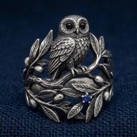 Owl Branch Ring Silver Blue Stone Nature Statement Band