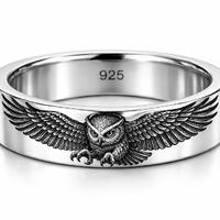 Owl Engraved Sterling Silver Ring 8mm Flat Band | Real 925 Silver Handmade Ring | Unisex Polished Si