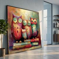 Colorful Owl Family Canvas, Whimsical Animal Wall Art, Bookshelf Decor, Abstract Nature Canvas, Play