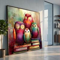 Colorful Owls on Books Canvas, Whimsical Animal Wall Art, Charming Owl Family Illustration, Kids Roo