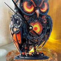 Steampunk clock 2dacrylic owl on a 3d epoxy resin stand with cogs and fake candle 18cms approx