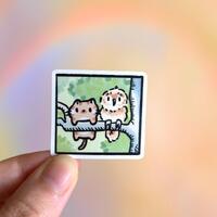 Cat and owl in a tree sticker, vinyl waterproof, outdoorsy kitty, kawaii stationery