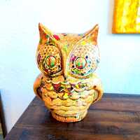 Vintage Owl Piggy Bank | Paint Splatter Ceramic Coin Bank | 1980s Kitschy Owl Figurine | Retro Nurse