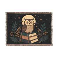 Owl on Books Woven Blanket | Reading Nightscape Throw