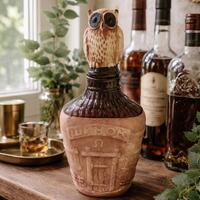 Vintage ceramic Owl decanter, Mid century barware, Decorative liquor bottle, Rustic home bar decor, 
