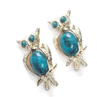 Two Owl Scatter Pins Faux Turquoise Gold Tone Vintage Bird Jewelry