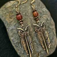 Bronze Owl Feather Earrings, Red Creek Jasper Beads, Rustic Boho Woodland Jewelry