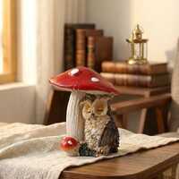 Owl and Mushroom Figurine Toadstool Cottagecore Ornament, Fairy Garden & Bookshelf Decor