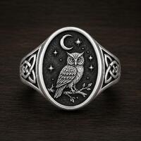 Sterling Silver Owl Signet Ring, Celestial Moon Stars, Celtic Woodland Jewelry