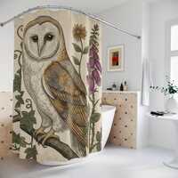 Luxury Vintage Barn Owl Shower Curtain, Cottagecore Botanical Foxglove Bath Decor, Aesthetic 100% Po
