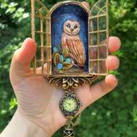 OOAK Barn Owl Pocket Watch Necklace | Whimsical Witchy Opal Pendant | Vintage Miniature Art Jewelry 
