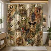Woodland Owl Shower Curtain, Forest Animal Bathroom Decor, Rustic Nature Bath Curtain, Cottagecore O