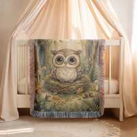 Cozy Baby Owl Woodland Blanket, Cute Watercolor Forest Animal Throw, Whimsical Nature Art for Nurser