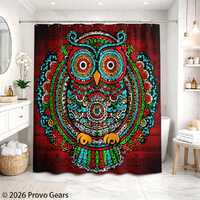 Colorful Owl Graphic Shower Curtain, Red Black Boho Owl Bathroom Decor