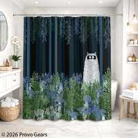 Forest Owl Shower Curtain, Woodland Night Scene with Trees, Leaves, and Wild Plants