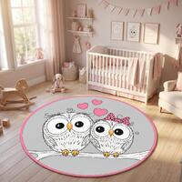 Woodland Owl Couple Nursery Rug | Pink Hearts, Gray Round Carpet