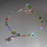 Gemstone Beaded Bracelet, Vintage Sterling Owl Charm, Sapphires, Tourmaline