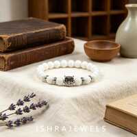 White Natural Stone Owl Charm Bracelet, 8mm Elastic Stretch Wisdom Jewelry