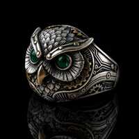 Sterling Silver Owl Ring with Emerald Eyes – Steampunk Animal Wrap Jewelry