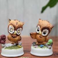 Vintage Bisque Porcelain Owl Figurines, 1970s Napco Taiwan, Set of 2