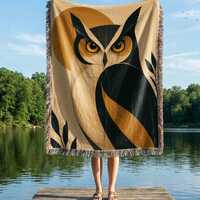 Bold Abstract Owl Woven Blanket Throw, Mid Century Style, Retro