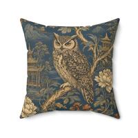 Chinoiserie Owl Faux Suede Pillow | Dark Academia Blue Botanical Throw Pillow | Vintage Owl Decor |