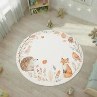 Woodland Animals Round Nursery Rug, Fox Hedgehog Owl Kids Room Decor, Neutral Forest Baby Room Carpe