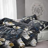 Duvet Cover Set, Dark Abstract Magnolia Bedding, Charcoal Gold Nocturne Floral Bedroom Decor, Brushs