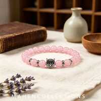 Rose Quartz Owl Charm Bracelet, 8mm Natural Stone Elastic Stretch Jewelry