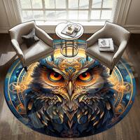 Majestic Owl Round Rug: Blue Gold Mandala, Fantasy Mystic Decor Carpet