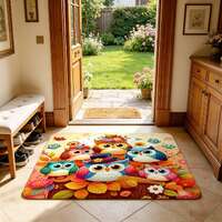 Colorful Cartoon Owl Doormat, Cute Whimsical Autumn Owls Floor Mat for Entryway, Kitchen, Bathroom a