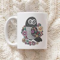 Owl Mug For Nature Lovers, Retro Linocut Aesthetic From Hand Drawn Original Unique Art Work, Cute Bi