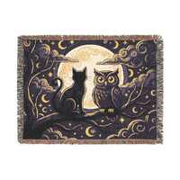 Moonlit Owl and Cat Woven Blanket | Night Sky, Crescent Moon