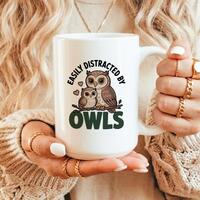 Personalized Owl Mug, Easily Distracted By Owls Custom Name Coffee Cup, Cute Mama Baby Owl Lover Gif