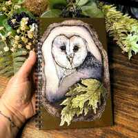 Handmade Barn Owl in Oak Tree Watercolor Notebook &ndash; Woodland Nature Art Spiral Bound Journal