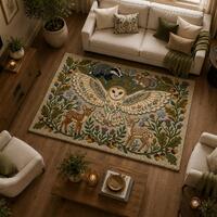 Hand Tufted Woodland Animal Rug, Owl Deer Forest Carpet, Cottagecore Nursery Decor