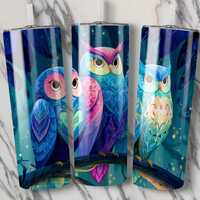 Vibrant Owls Tumbler Wrap, 20oz Skinny Owl Sublimation PNG, Mystical Forest Owl Design, Colorful Man